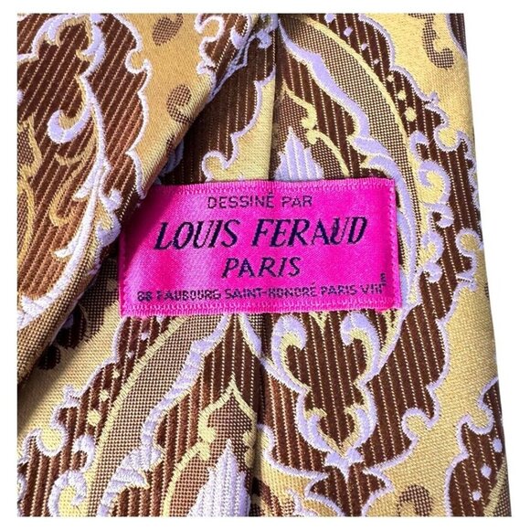 Louis Feraud Paris Designer Silk Tie brown/gold Geometric Pattern 4.5" - Picture 5 of 6
